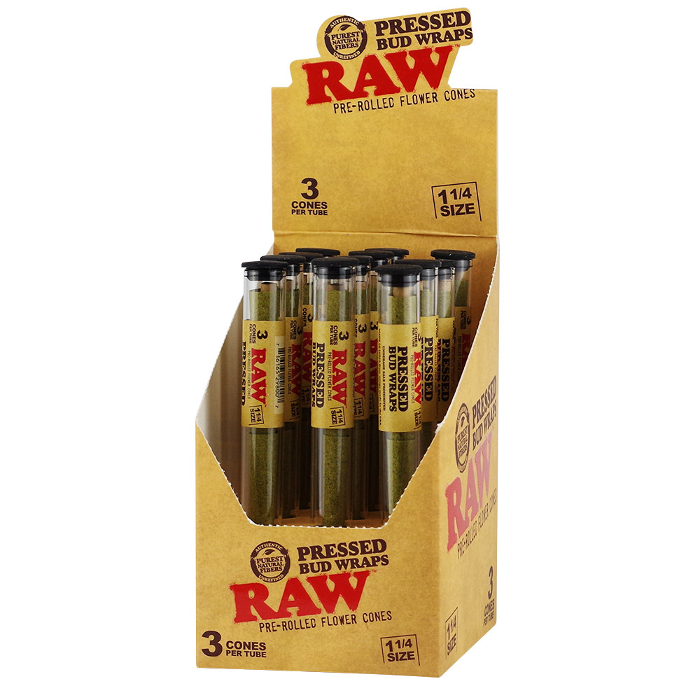 RAW Pressed Wraps 1 1/4 Pre Rolled Cones 3 Cones Per-Pack 12ct Display