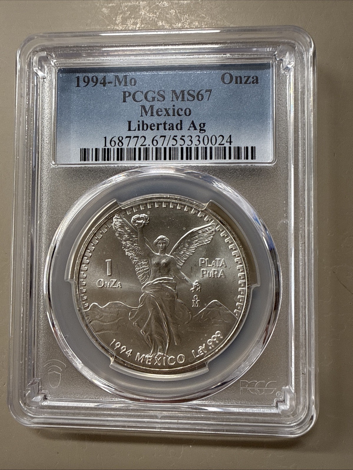 1994 Mo Mexico Libertad 1 oz. Silver - PCGS MS67 Key Date Low Mintage 1994 Mo Mexico Libertad 1 oz. Silver - PCGS MS67 Key Date Low Mintage