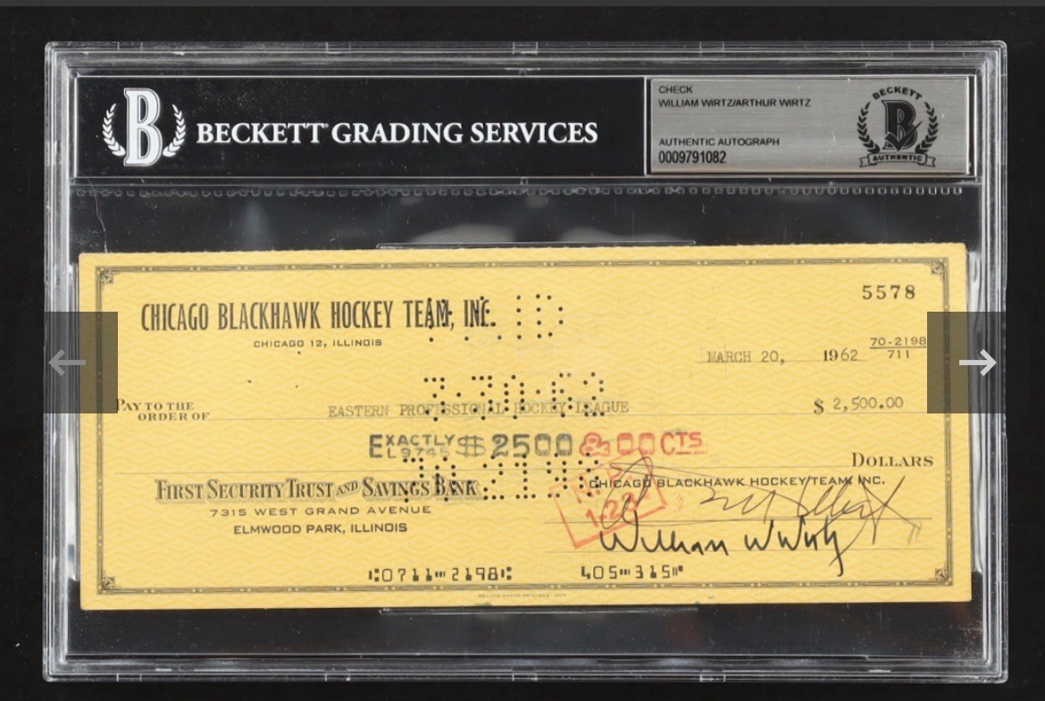Bill & Arthur Wirtz Signed 1962 Chicago Blackhawks Check Beckett BGS NHL