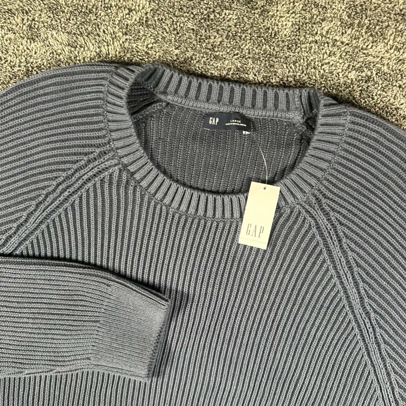 GAP Sweater Mens Large Blue Ribbed Knit Raglan Crew Neck Pullover NEW