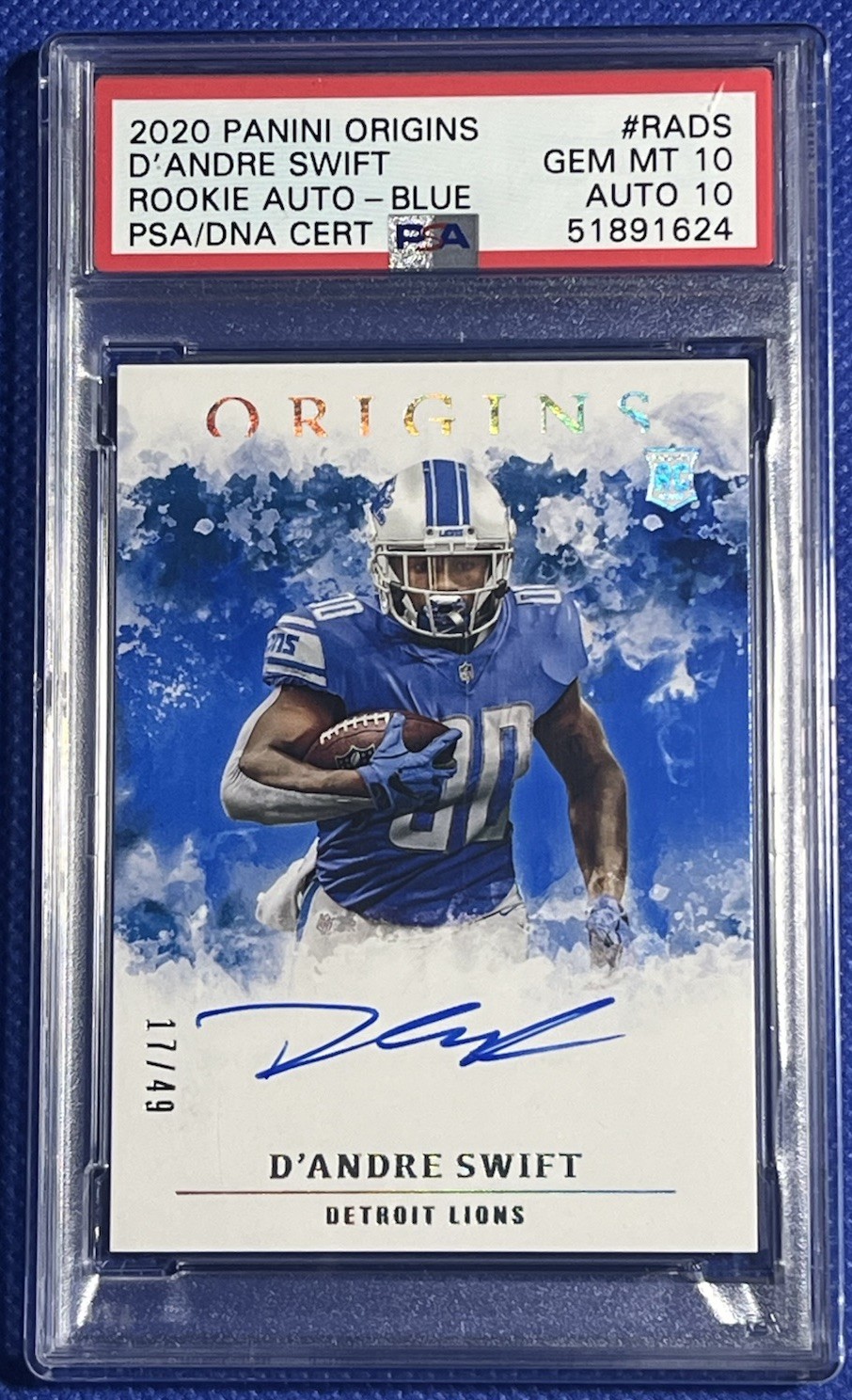 2020 PANINI ORIGINS D\'ANDRE SWIFT #RADS ROOKIE AUTO BLUE 17/49 PSA 10 AUTO 10