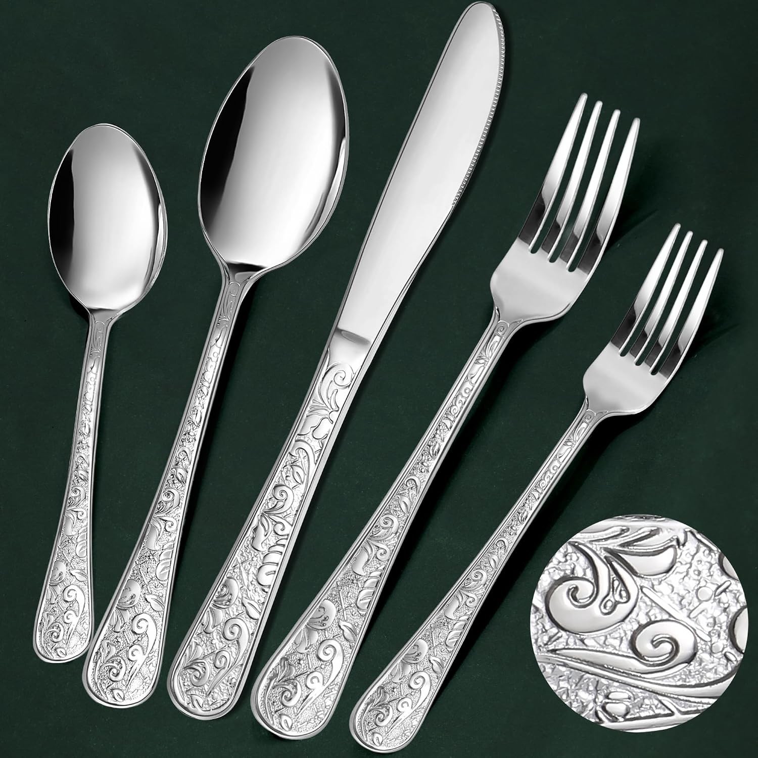 40-Piece Vintage Silverware Set Stainless Steel Flatware Set for 8 Silver