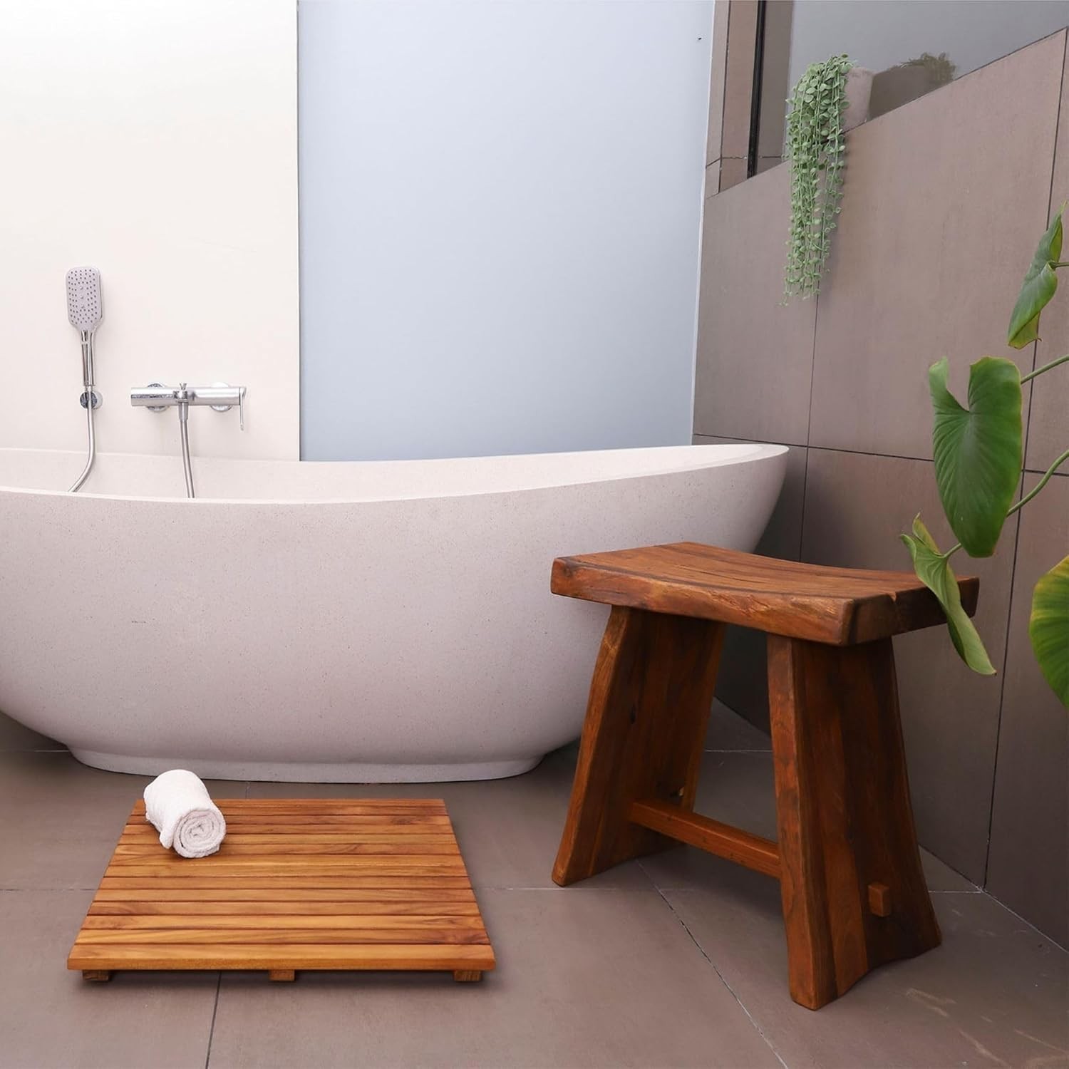 Nordic Teak Rustic Teak Wood Shower and Bath Stool with Curved Seat