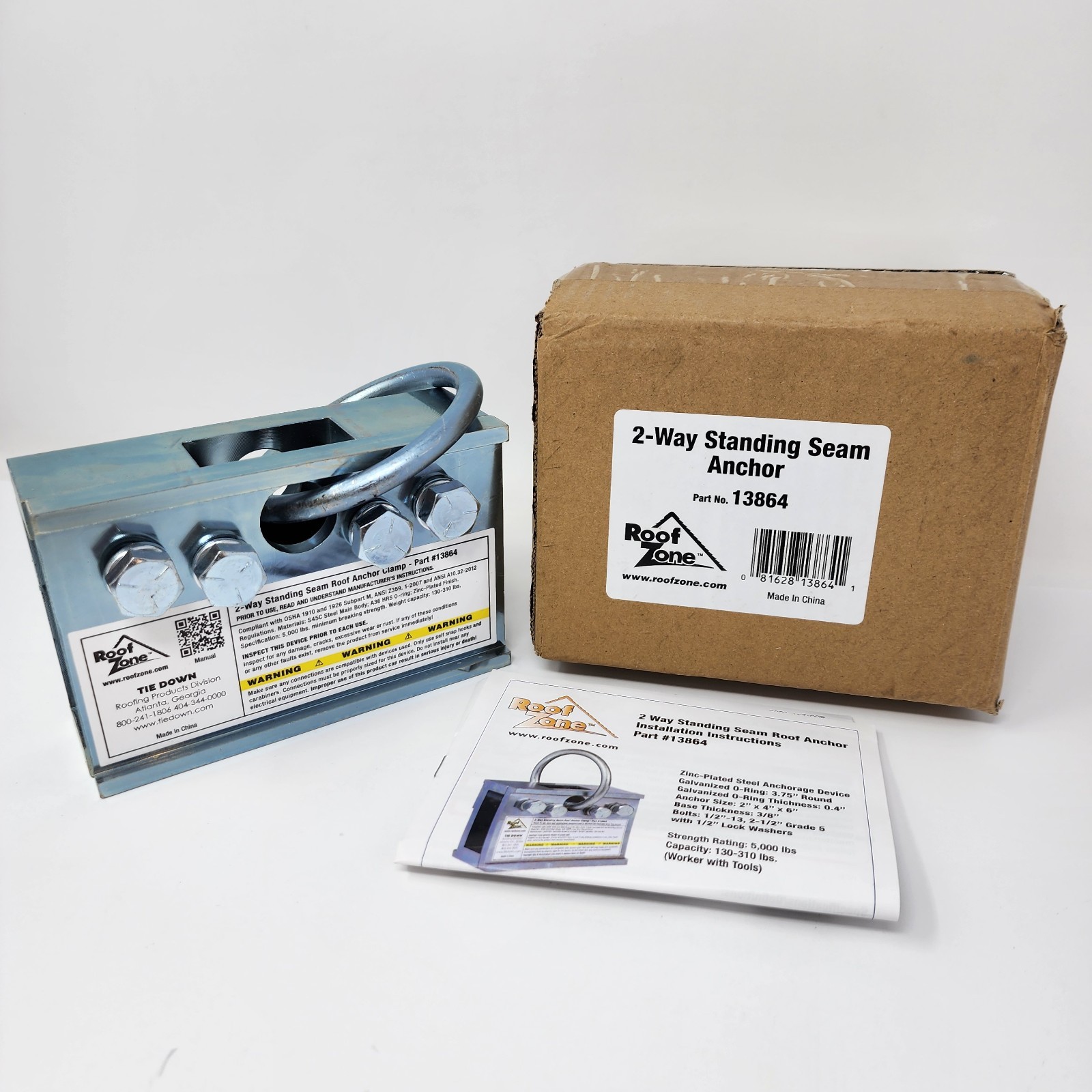 Roof Zone 2-Way Standing Seam Roof Anchor Clamp Tie Down 13864, 5000 lb Capacity Roof Zone 2-Way Standing Seam Roof Anchor Clamp Tie Down 13864, 5000 lb Capacity