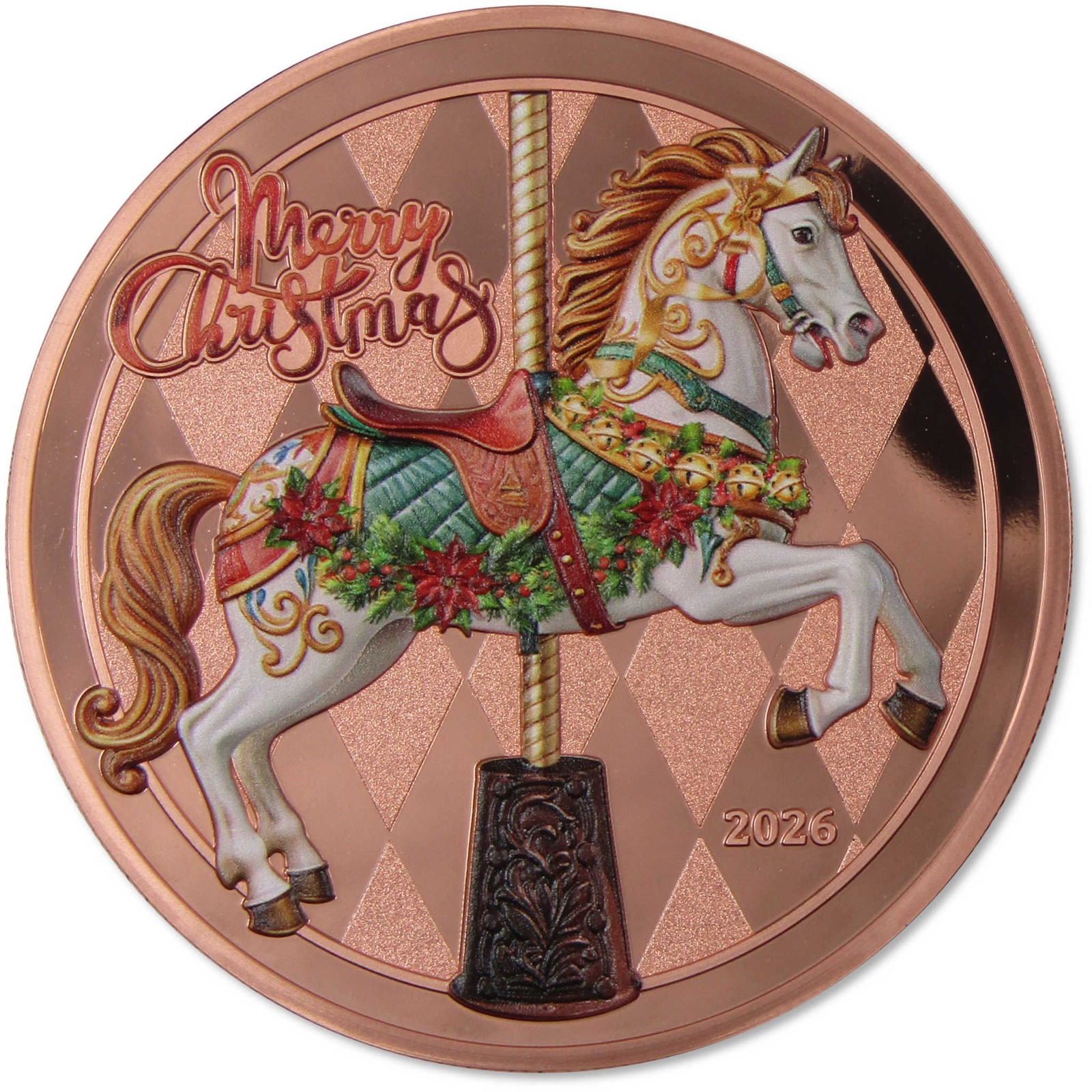 2026 Cameroon 5 oz Copper Merry Christmas Carousel Horse BU 2026 Cameroon 5 oz Copper Merry Christmas Carousel Horse BU