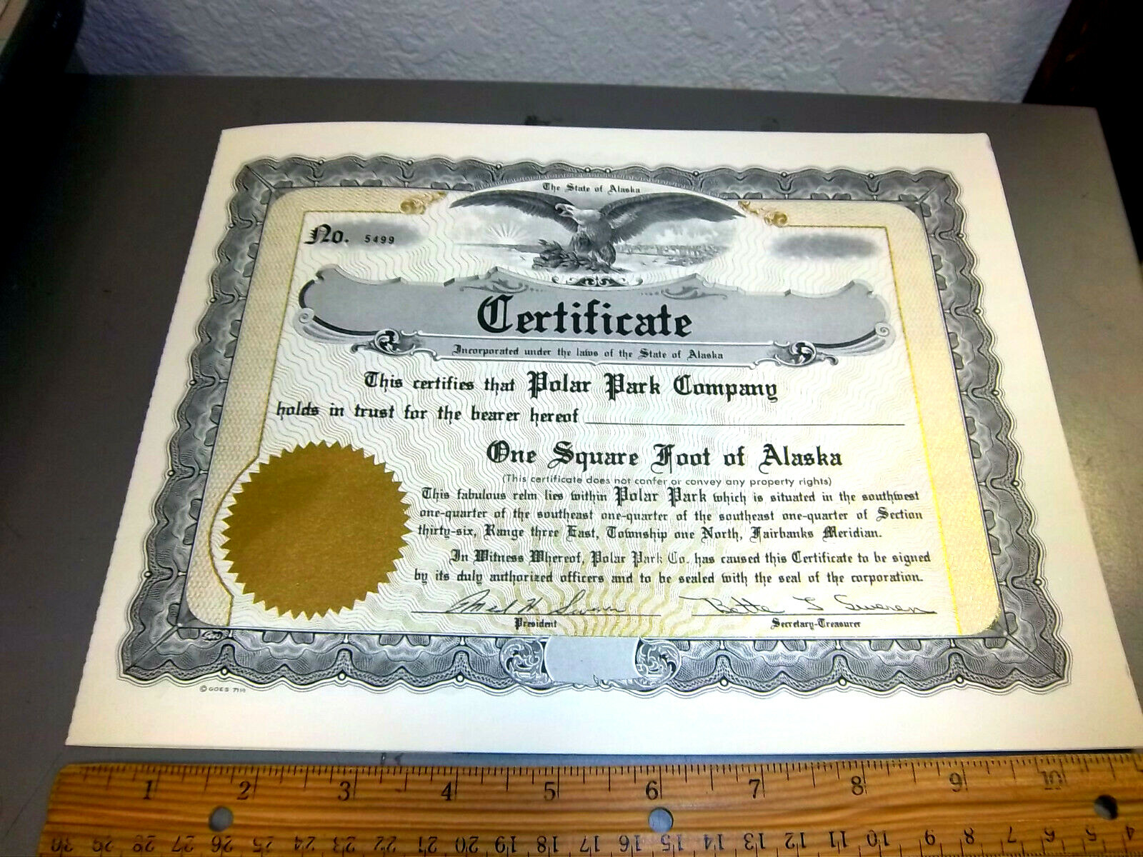 vintage One Square foot of Alaska certificate from the 1970s, Polar Park Company