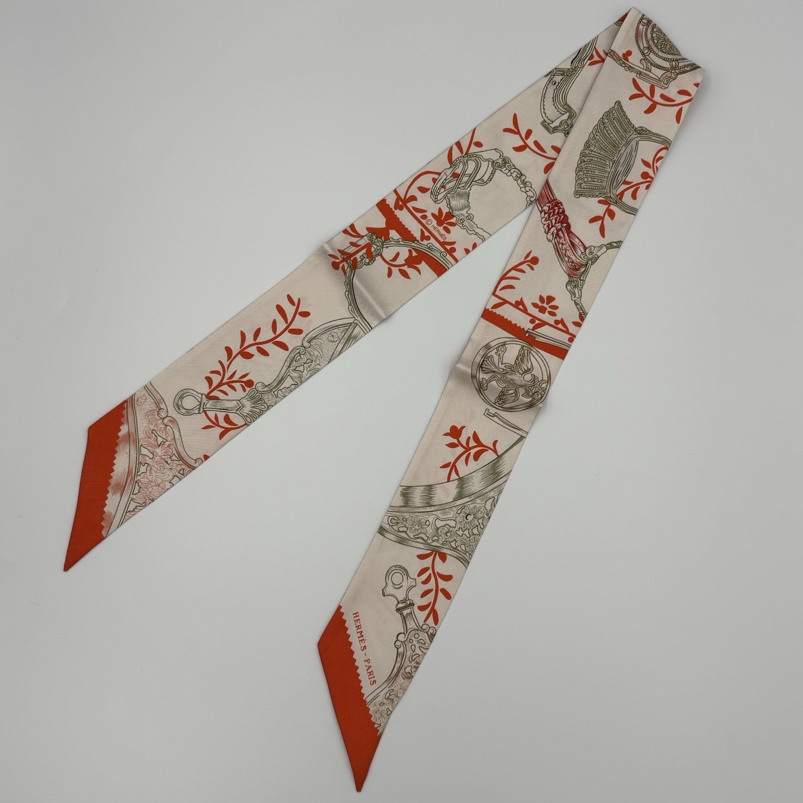 Hermes Etriers Remix Twilly Scarf Cream Red Equestrian Silk Ribbon
