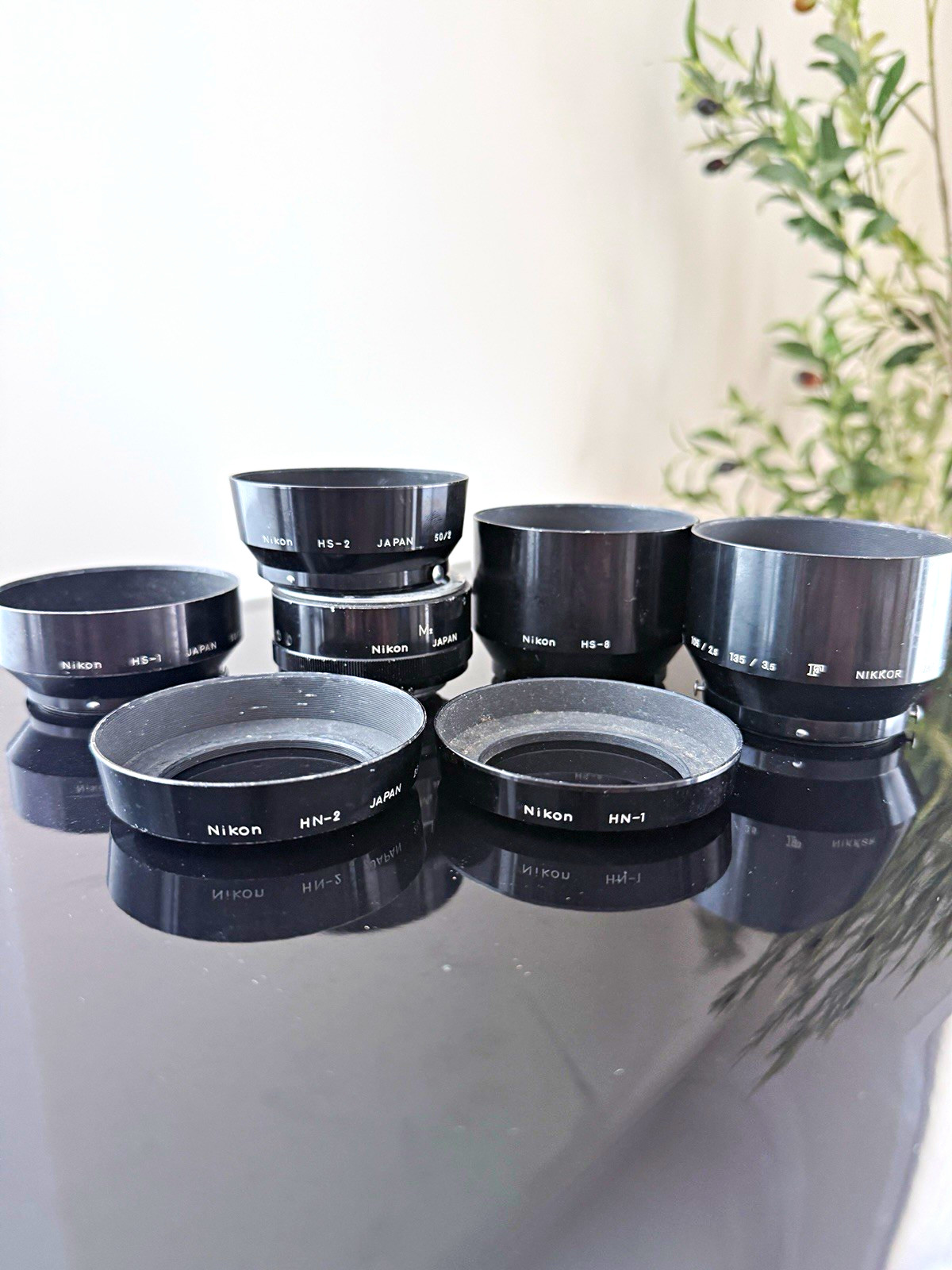 Lot of 7 Vintage Metal Nikon Lens Hoods HN1 HN2 HS1 HS2 HS8 M2 No Dents