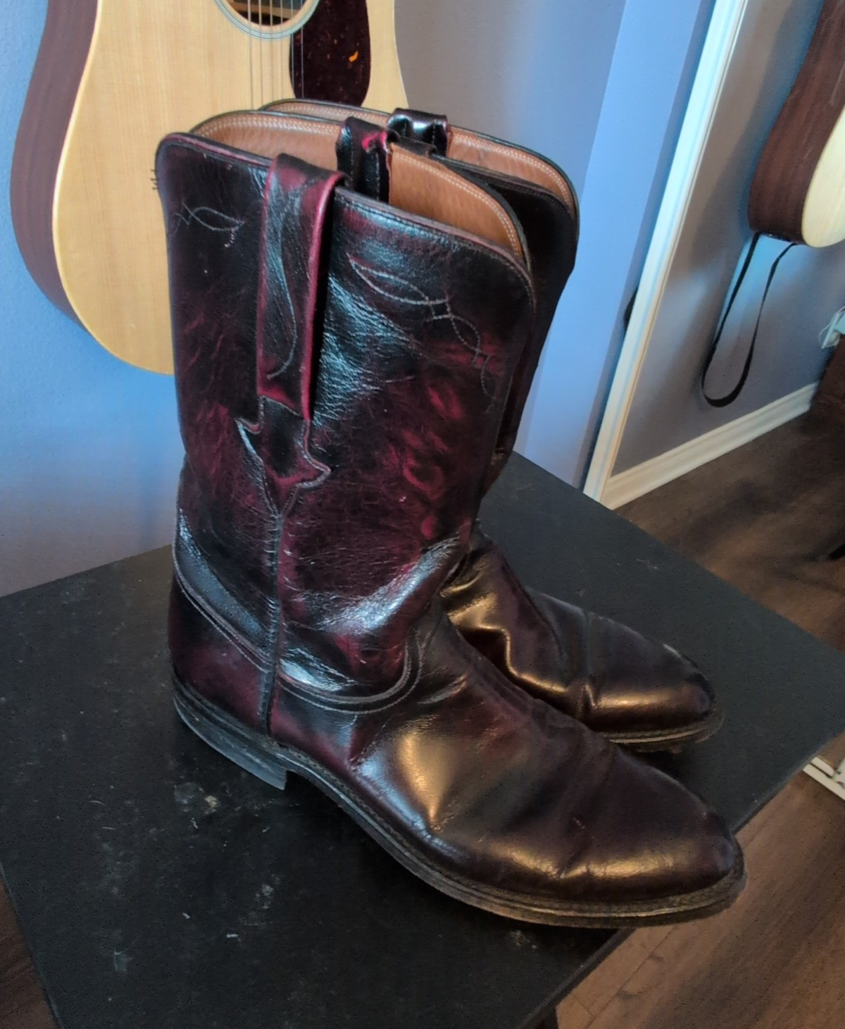 Lucchese Men\'s Cherry Leather Western Cowboy Roper Boots US 10 1980s Lucchese Men\'s Cherry Leather Western Cowboy Roper Boots US 10 1980s
