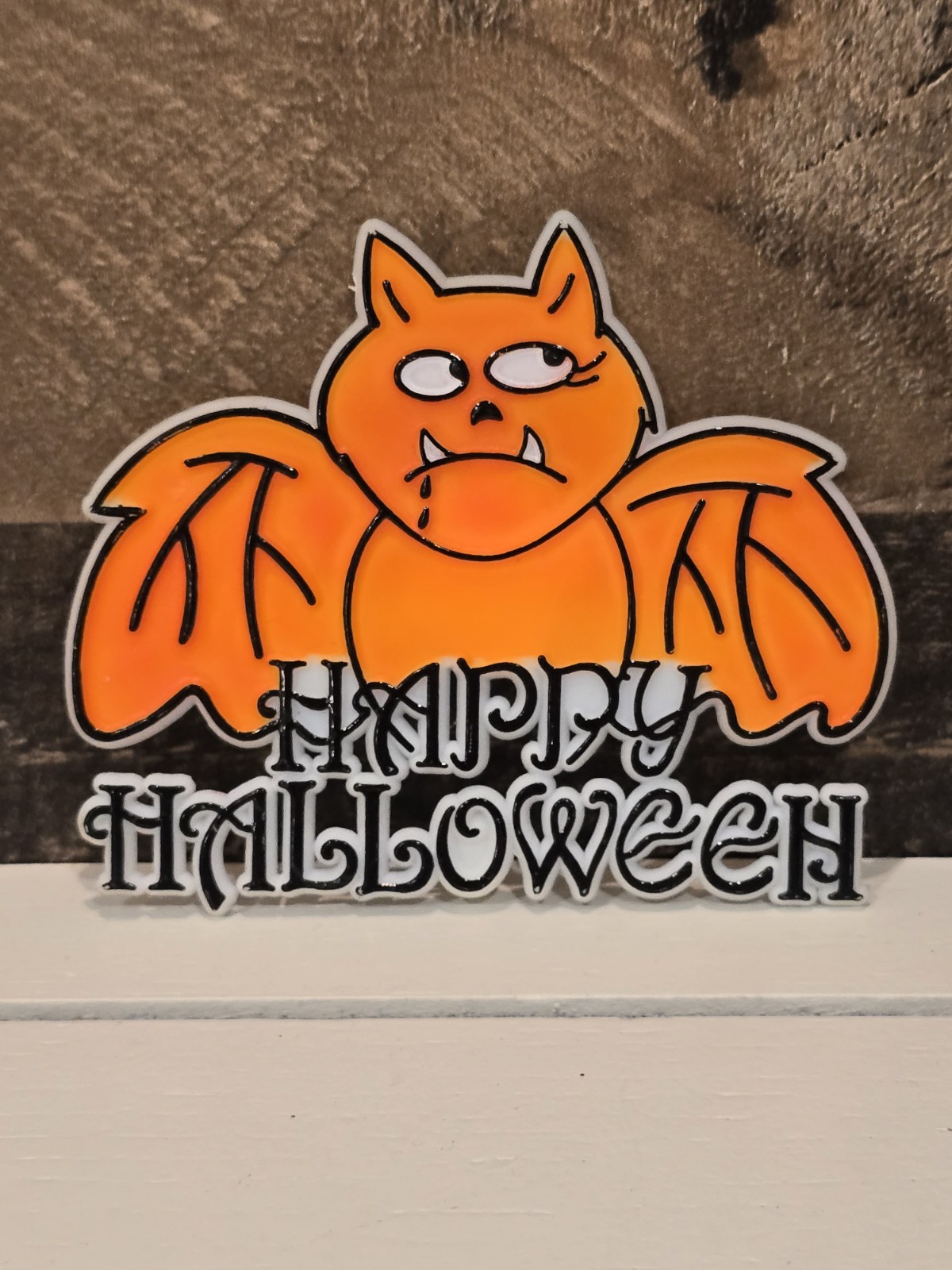 Vintage 1980s Halloween Orange Bat Happy Cake Topper Plastic Retro NOS Festive