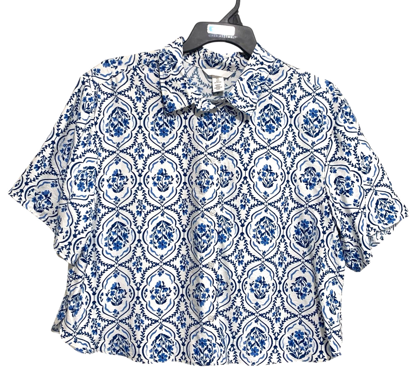 NEW H&M Blouse Crop Top Womens Sz Large Blue White Green Short Sleeve Button-Up NEW H&M Blouse Crop Top Womens Sz Large Blue White Green Short Sleeve Button-Up