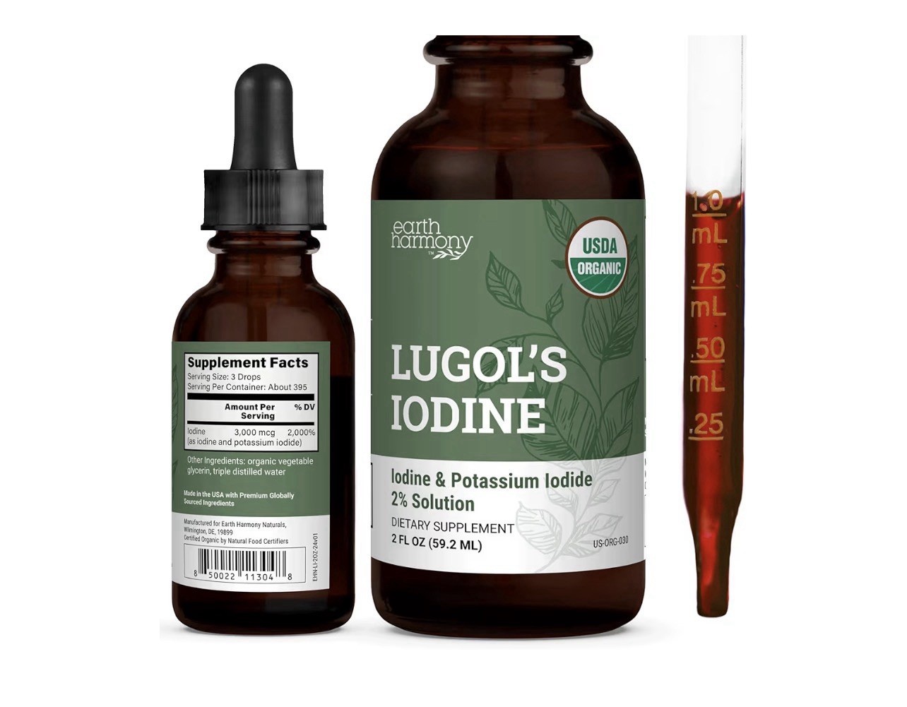 Organic Lugol\'s Iodine Liquid Drops Supplement - 2% Thyroid Non-GMO 2 Oz