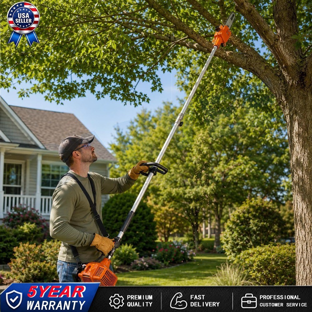 Gas Powered Pole Saw 52CC 2-Stroke 12-Inch Bar 9.5FT Reach 8-Second Cutting Gas Powered Pole Saw 52CC 2-Stroke 12-Inch Bar 9.5FT Reach 8-Second Cutting