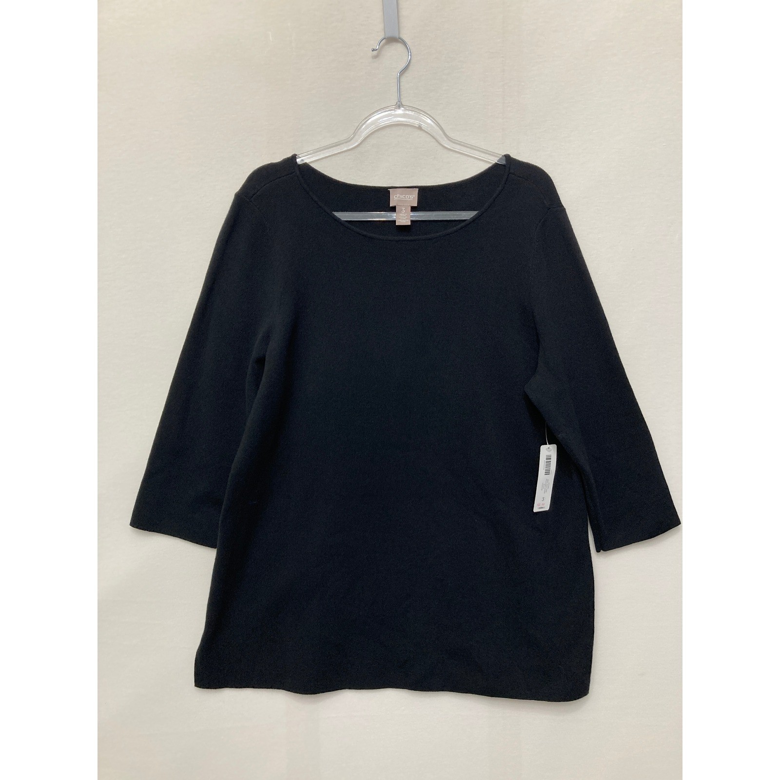 NWT Chico\'s Boat Neck Tunic Size 3/XL Black 3/4 Sleeve Stretch Cotton Pullover NWT Chico\'s Boat Neck Tunic Size 3/XL Black 3/4 Sleeve Stretch Cotton Pullover
