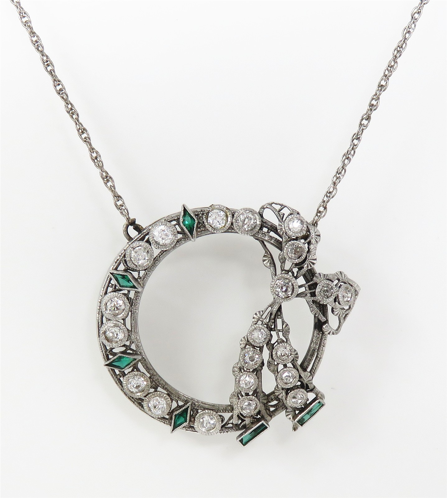 NYJEWEL Antique 14k Gold Green Stone & Diamond Pendant Necklace 14