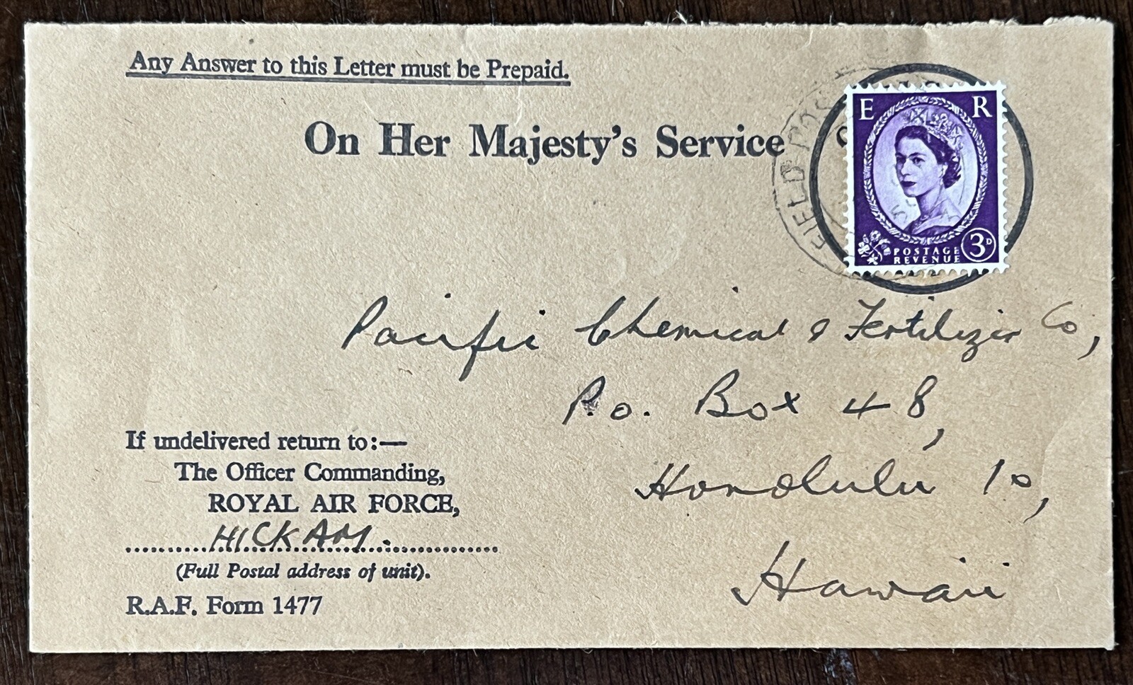 1959 BRITAIN ROYAL AIR FORCE HICKAM COVER TO HONOLULU HAWAII QUEEN ELIZABETH II