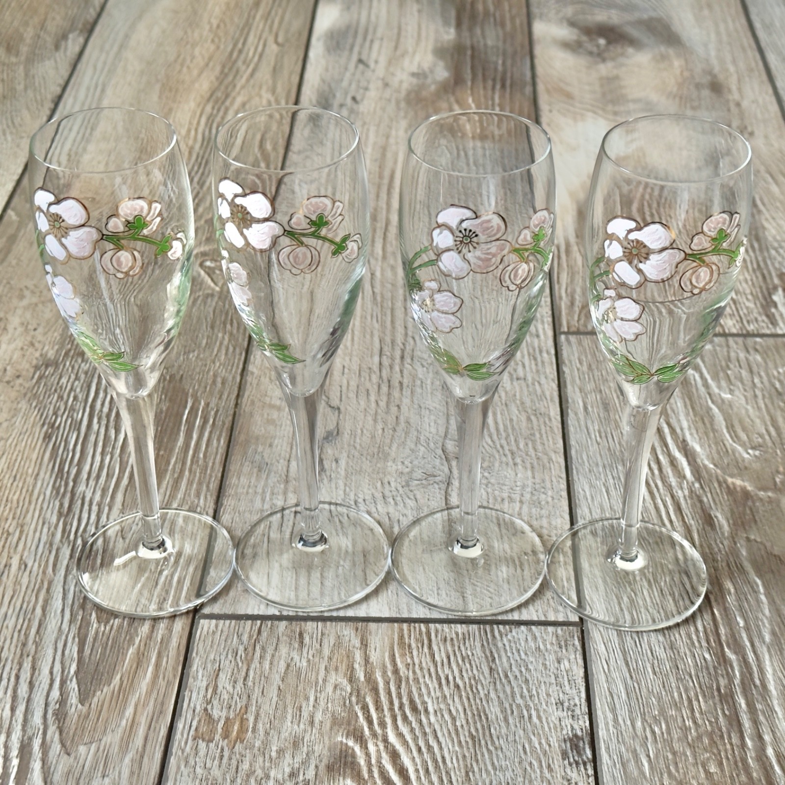 4 Vintage Perrier Jouet Hand Painted Pink Floral Champagne Glasses Flutes 7.5”