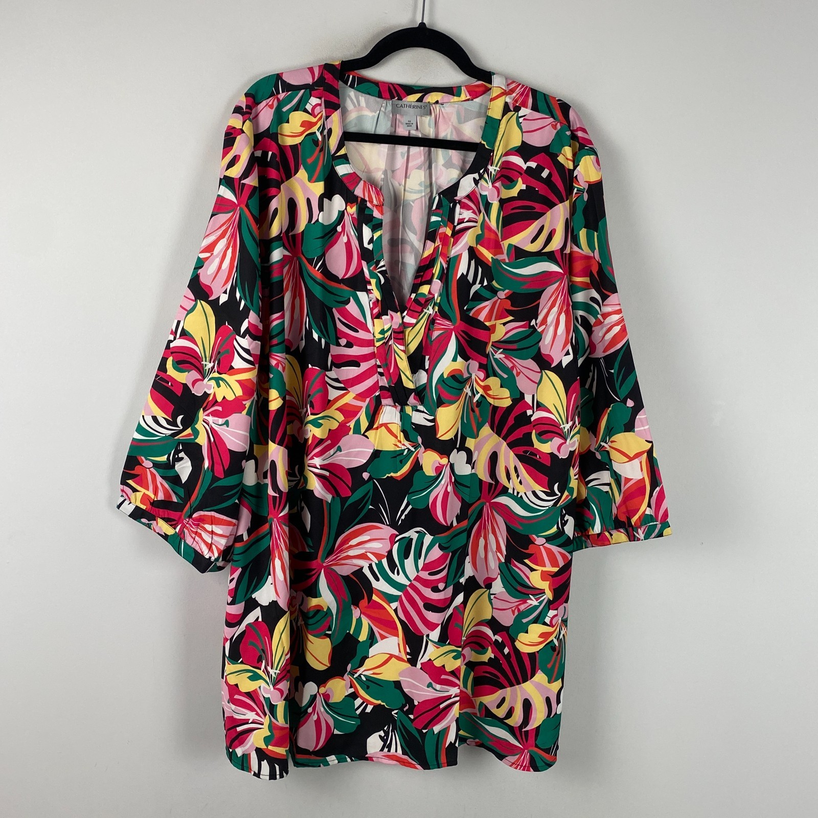 Catherines Muse Pintuck Tunic Shirt Size 4X Floral 3/4 Sleeves Popover