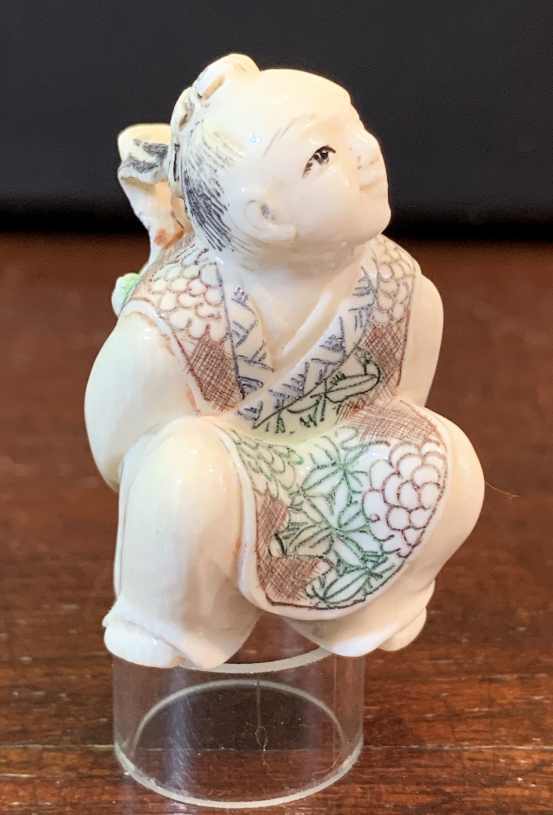Antique Japanese Netsuke - Man with Turtle On Back, Porcelain, Signed