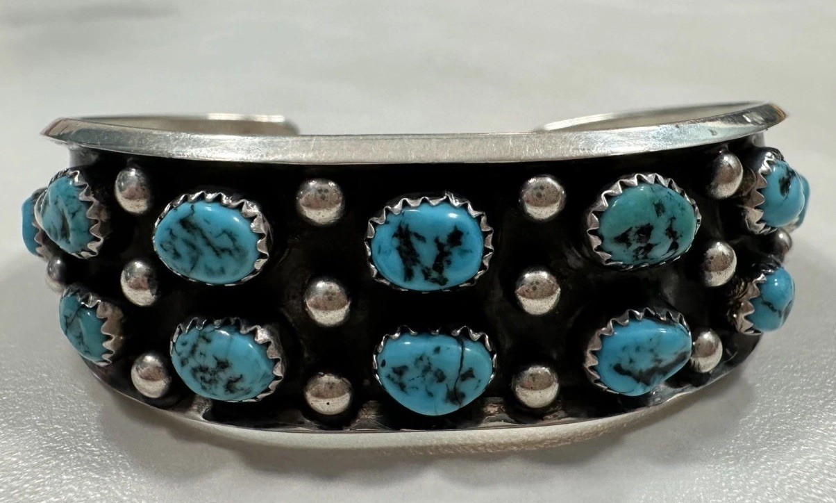 Paul Largo  Kingman Turquoise Cluster Bracelet Navajo Sterling Silver