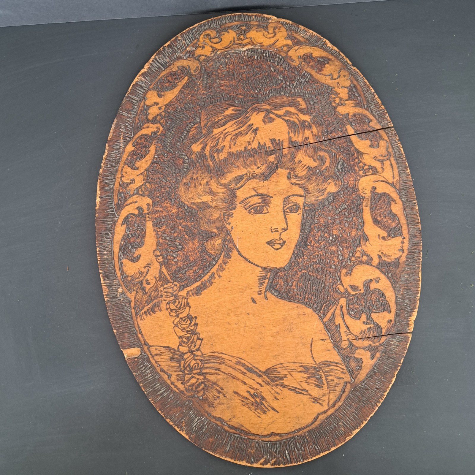 Antiq Art Nouveau Victorian Woman Pyrography Plaque Flemish Art Co Wood Burning