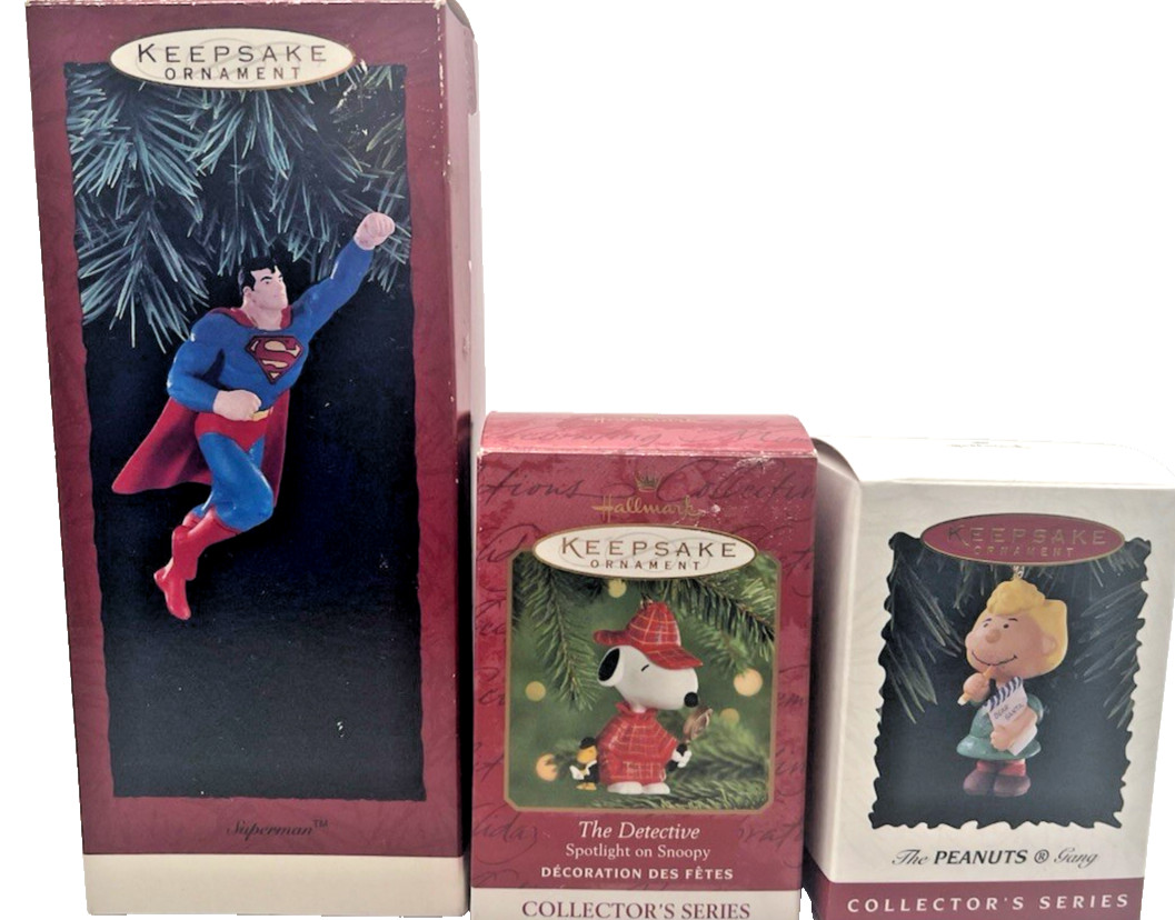 Vtg. Hallmark Collectible Ornament Set Of 3 Superman Detective Snoopy Sally New