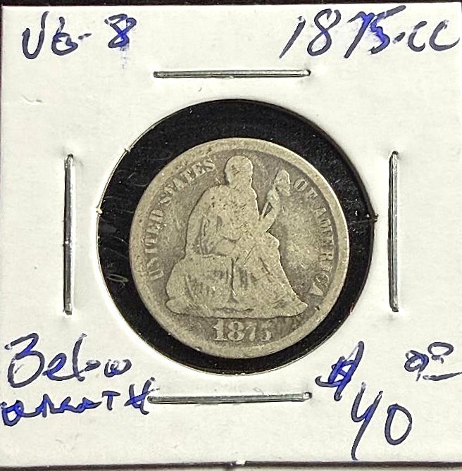 1875-CC Seated Liberty Silver Dime, VG Condition