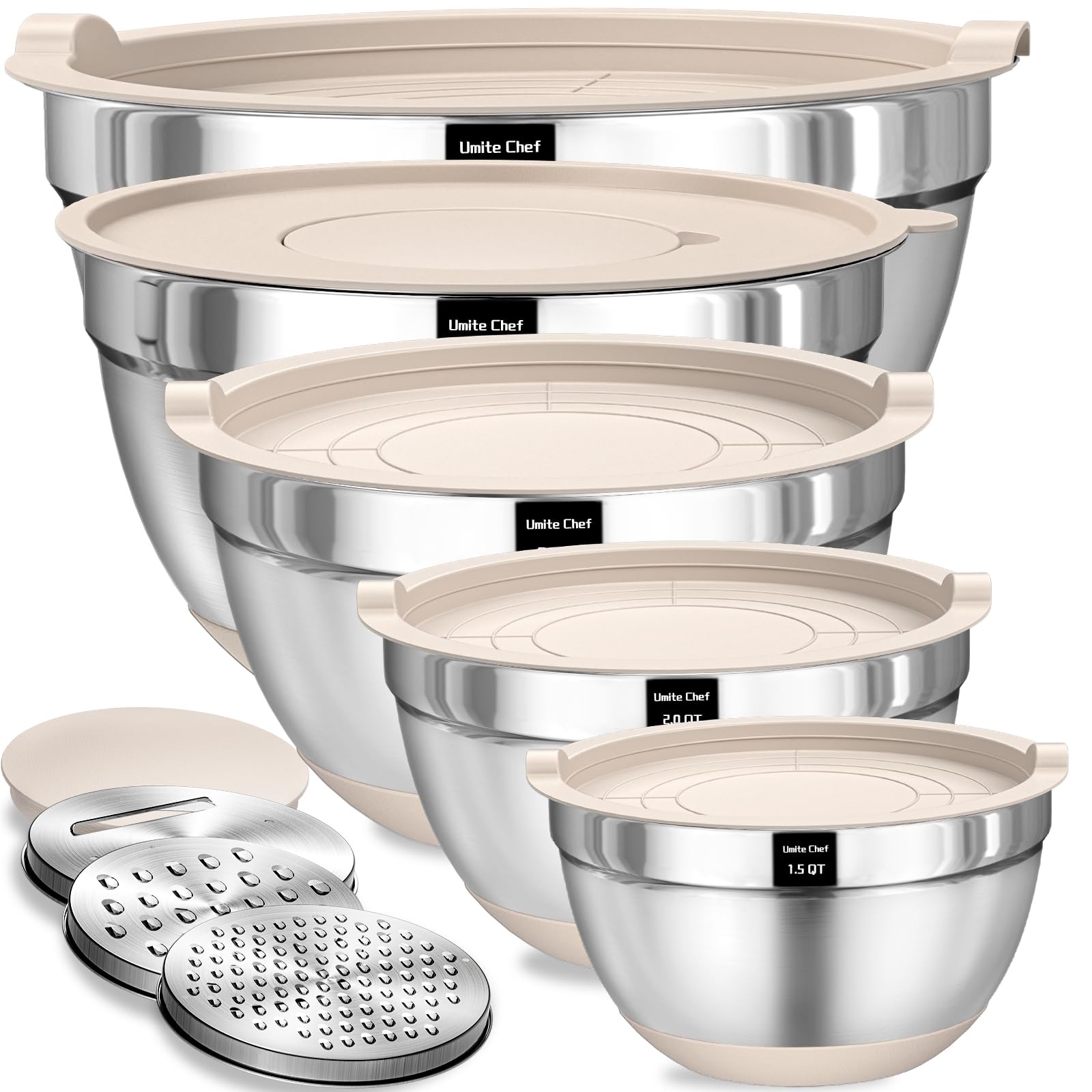 Umite Chef Mixing Bowls with Airtight Lids Set, 5, 4, 3.5, 2, 1.5QT, Khaki Umite Chef Mixing Bowls with Airtight Lids Set, 5, 4, 3.5, 2, 1.5QT, Khaki