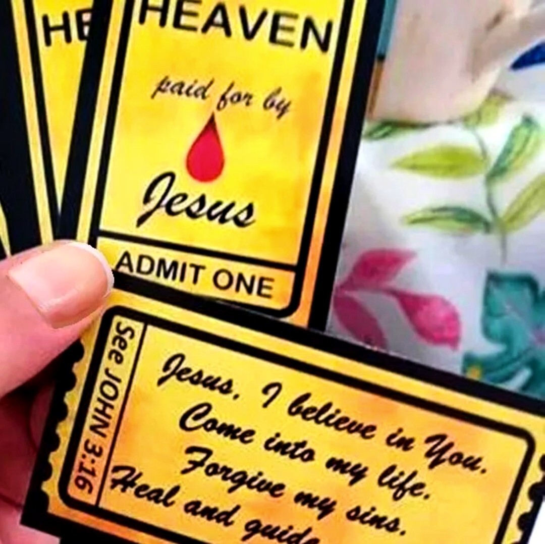 100 cards TICKET TO HEAVEN 2-sided prayer card tracts Gold glossy