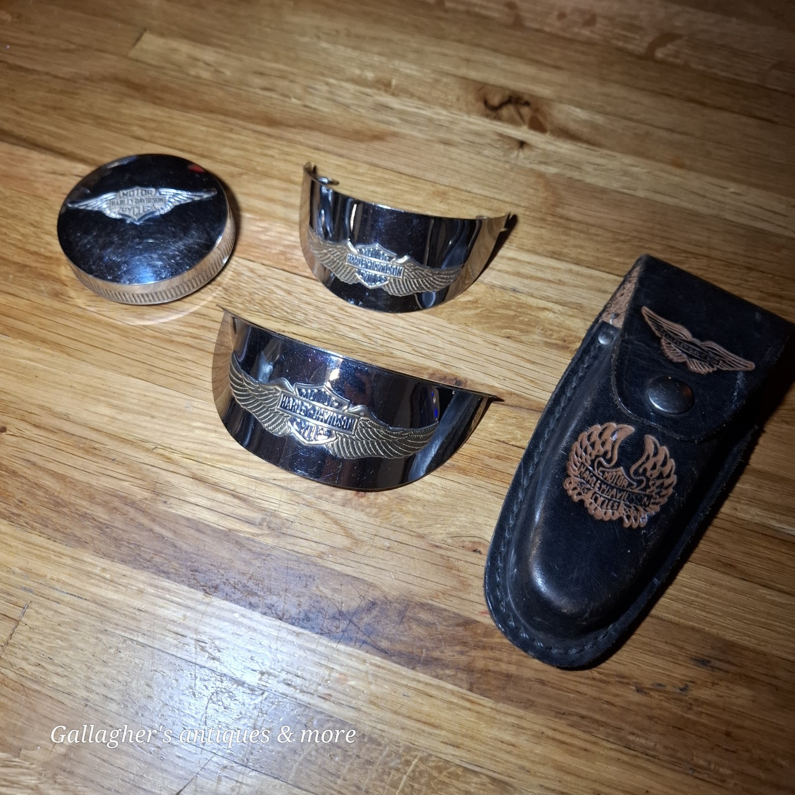 VINTAGE HARLEY DAVIDSON Lot FUEL TANK CAP Headlamp visor Leather Knife sheath 