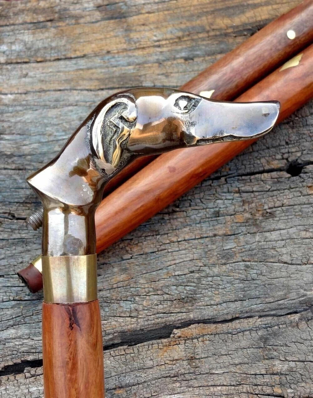Antique Solid Brass Dog Head Handle Wooden Walking Stick Cane Vintage Designer
