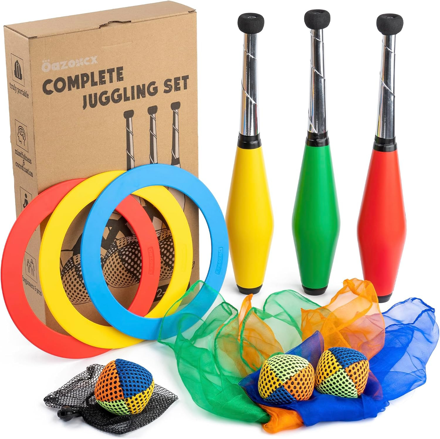 Juggling Kit for Beginners Complete Set –Juggling Balls, Scarves, Rings & Clubs Juggling Kit for Beginners Complete Set –Juggling Balls, Scarves, Rings & Clubs