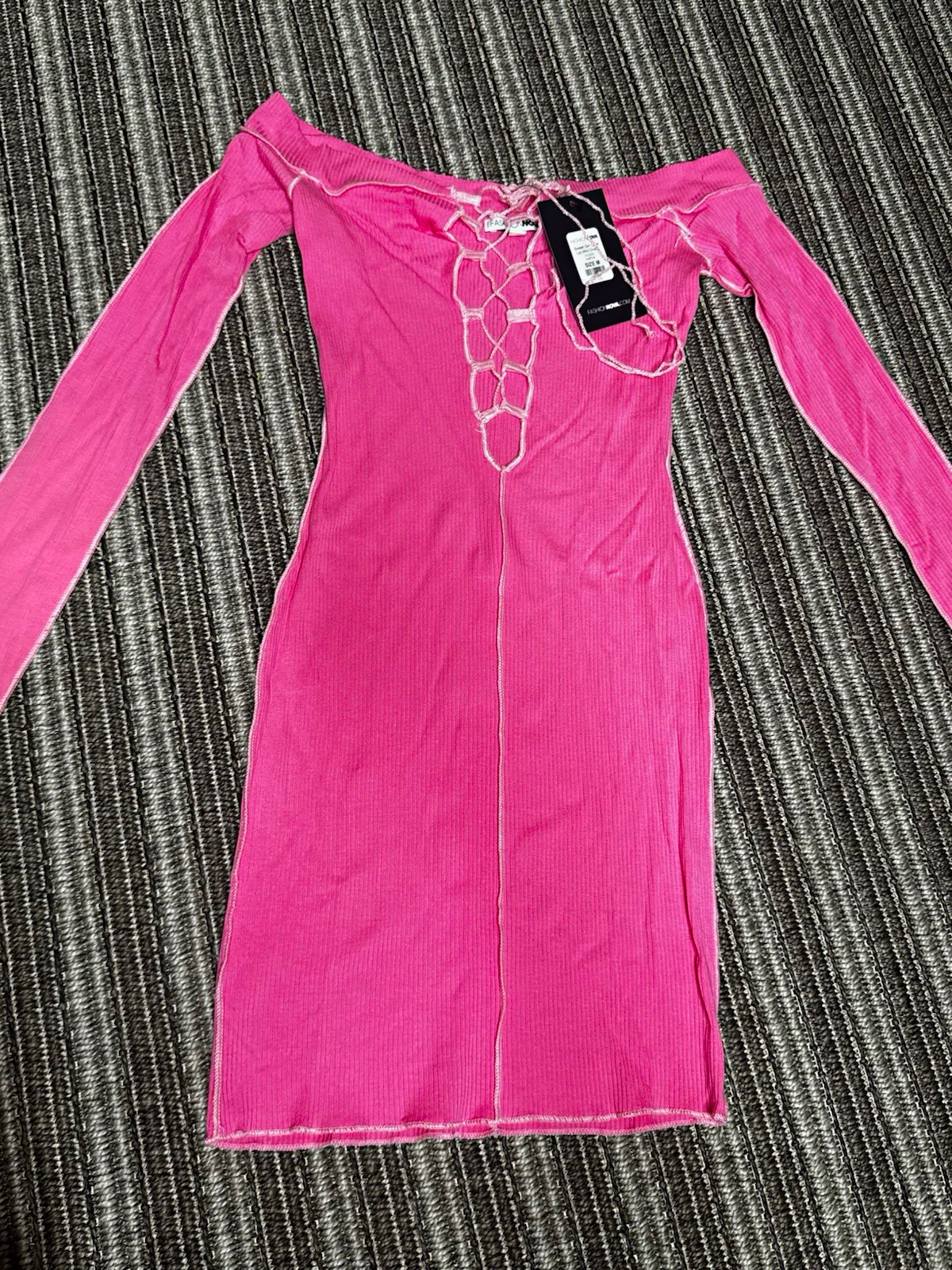 Fashion Nova Pink Ribbed Knit Sweetheart Off Shoulder Lace-Up Midi Bodycon M