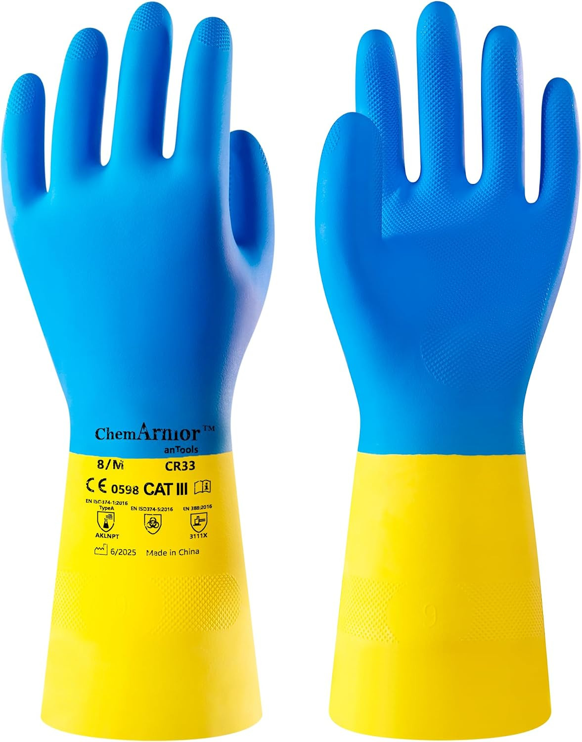 2 Pairs Neoprene and Rubber Blend Heavy-Duty Chemical Gloves, Protective Industr
