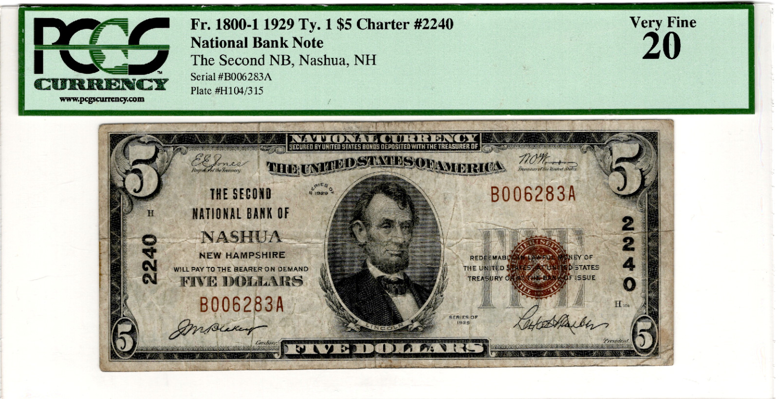 1929 $5 Nashua NH National Bank Note Charter 2240 PCGS VF20 Small Size LOW SRL