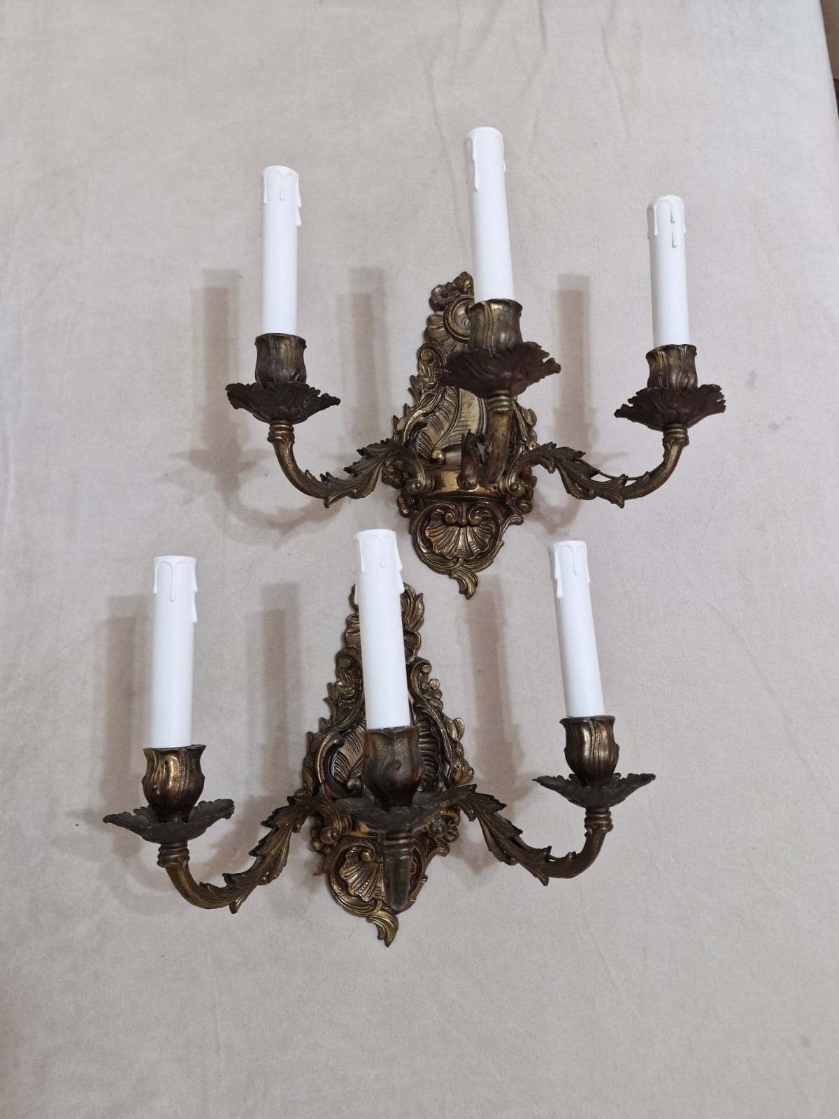 Pair Vintage Antique French Brass Wall Sconces Ornate 3 Light Candelabra Lamps Pair Vintage Antique French Brass Wall Sconces Ornate 3 Light Candelabra Lamps