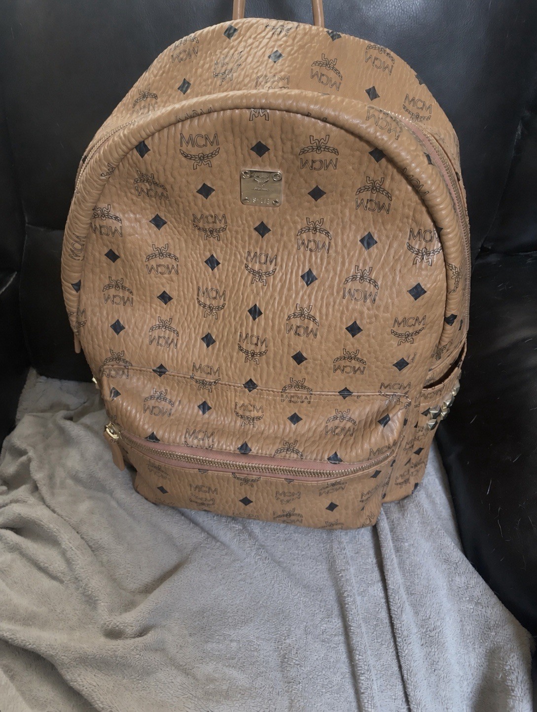 Authentic MCM Stark Side Studs Visetos Backpack Cognac NWT