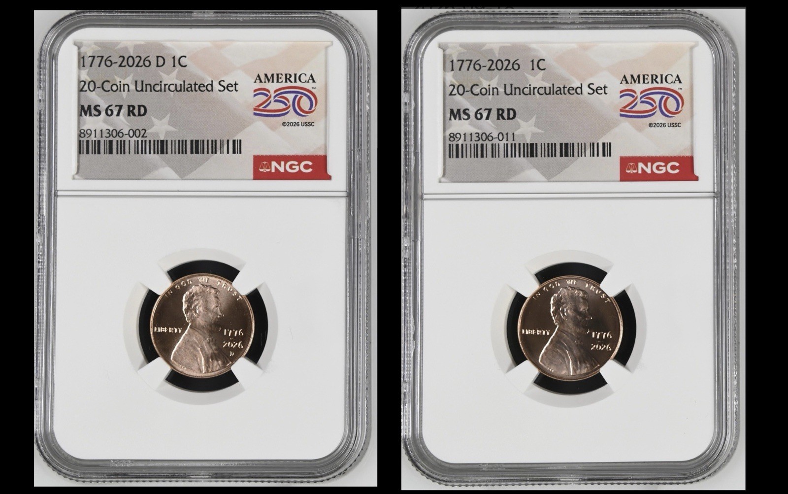 1776-2026 P D Lincoln 1c Cent 2 Coin Set NGC MS67 RD America 250 USA Label