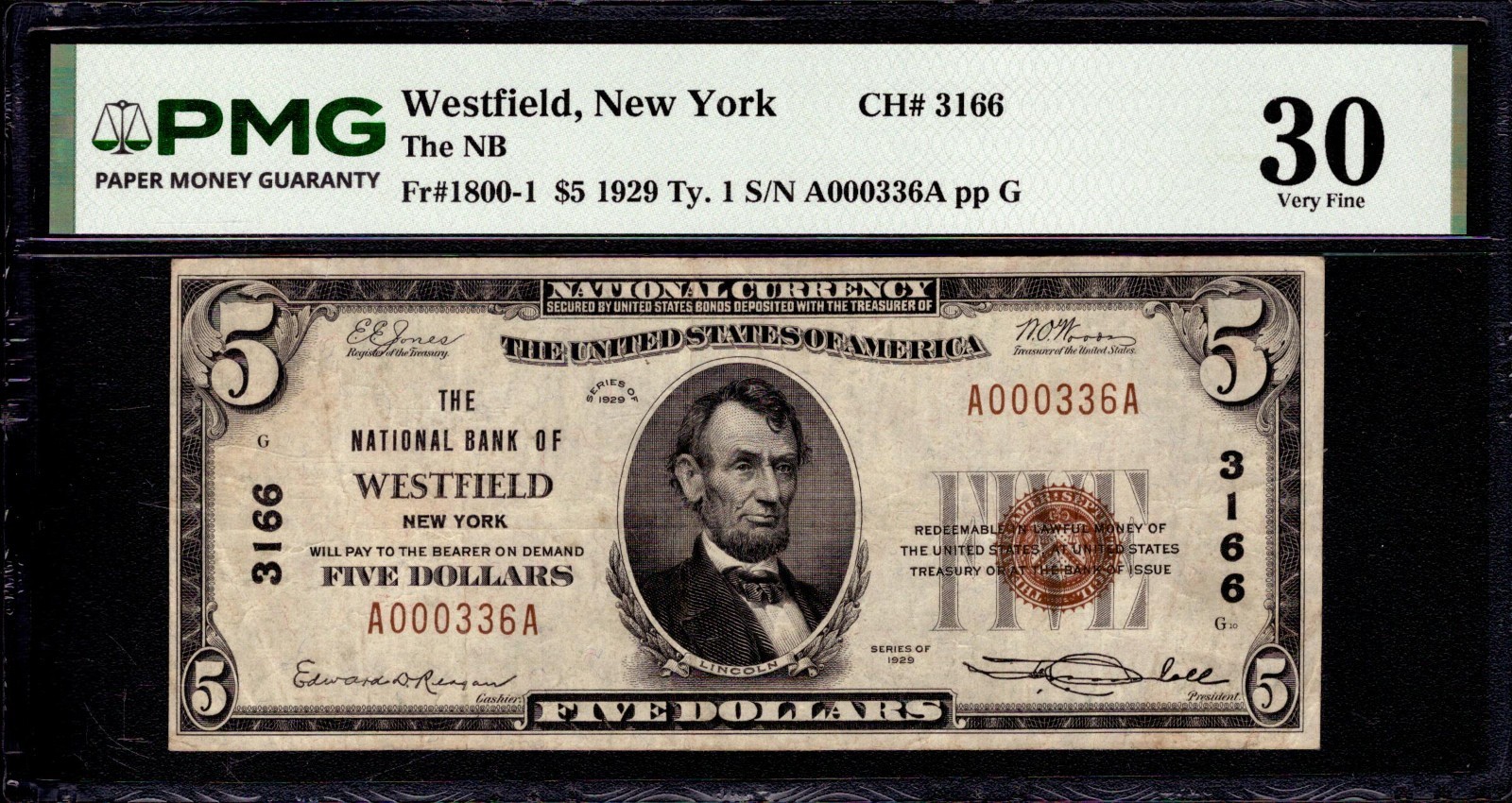 1929 $5 NATIONAL BANK NOTE CURRENCY WESTFIELD NEW YORK PMG VERY FINE VF 30