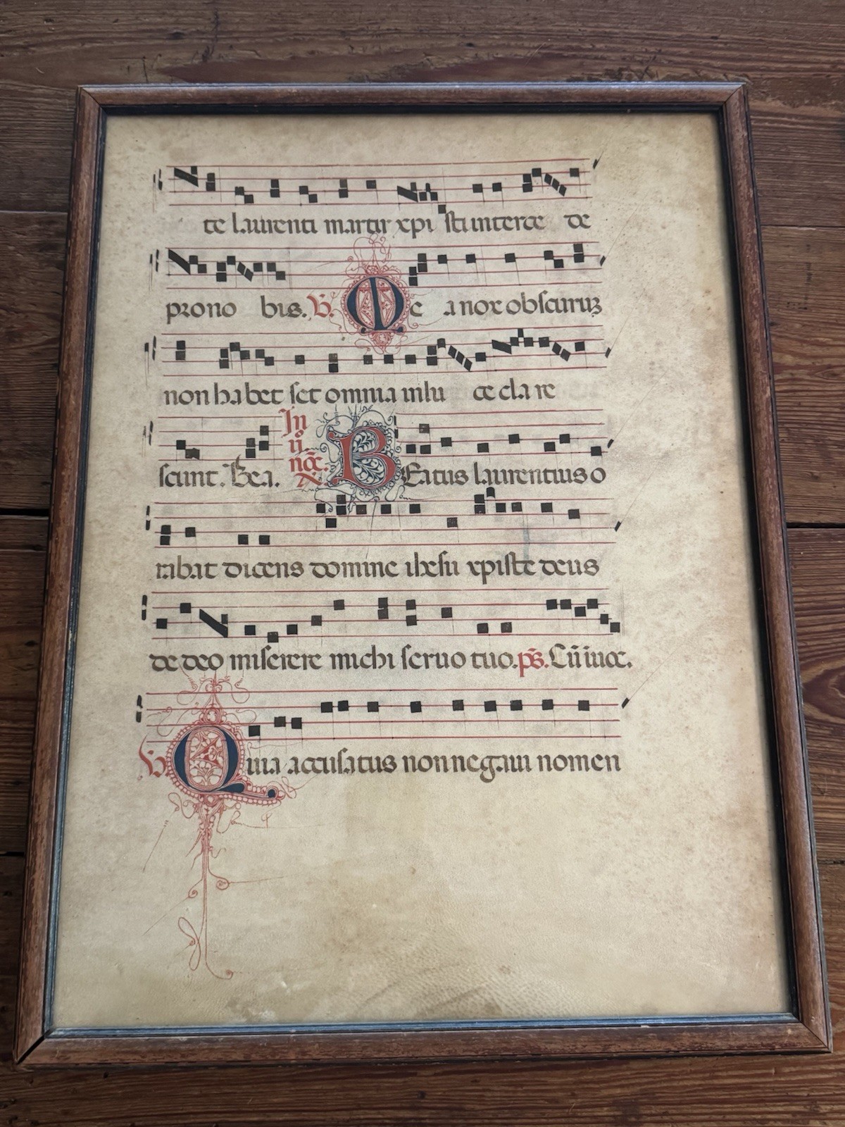 Framed 14th? Century illuminated Painted Gregorian Chant Vellum Manuscript Leaf Framed 14th? Century illuminated Painted Gregorian Chant Vellum Manuscript Leaf