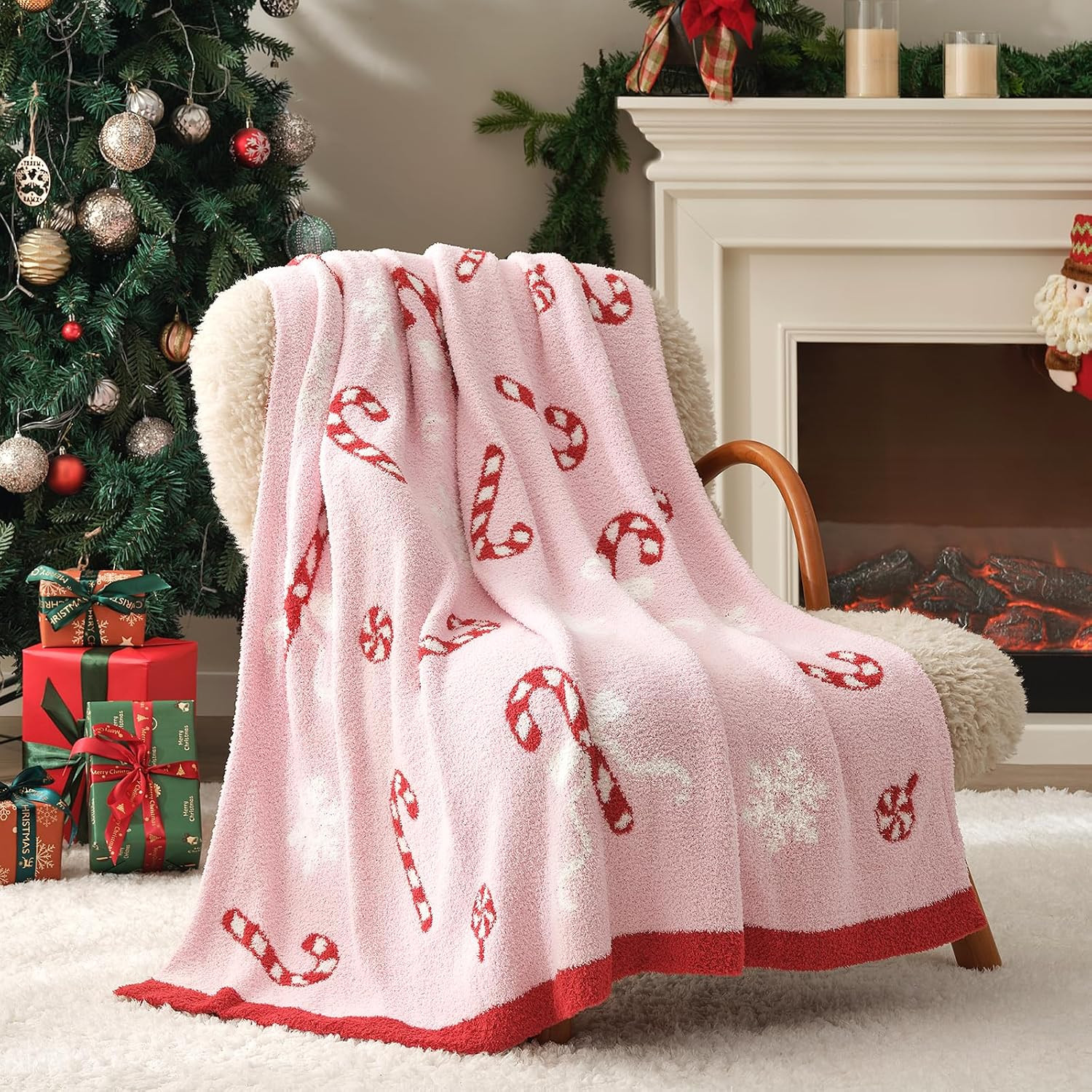 Snuggle Sac Pink Christmas Blanket Candy Cane Bow Snowflake Throw Blanket 50x60
