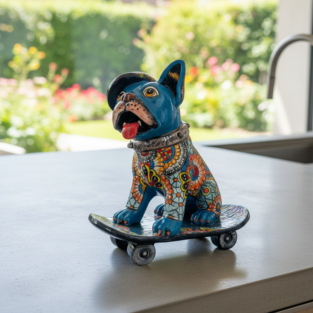 Talavera Frenchie Statue | Colorful Skateboarding Bulldog Art