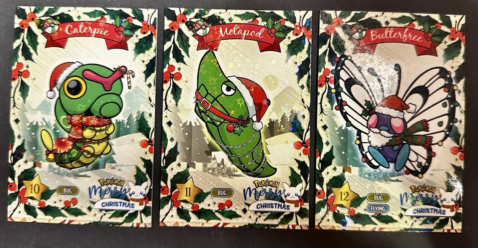 CATERPIE X METAPOD X BUTTERFREE LOT-POKEMON KANTO COLLECTOONS CHRISTMAS HOLO