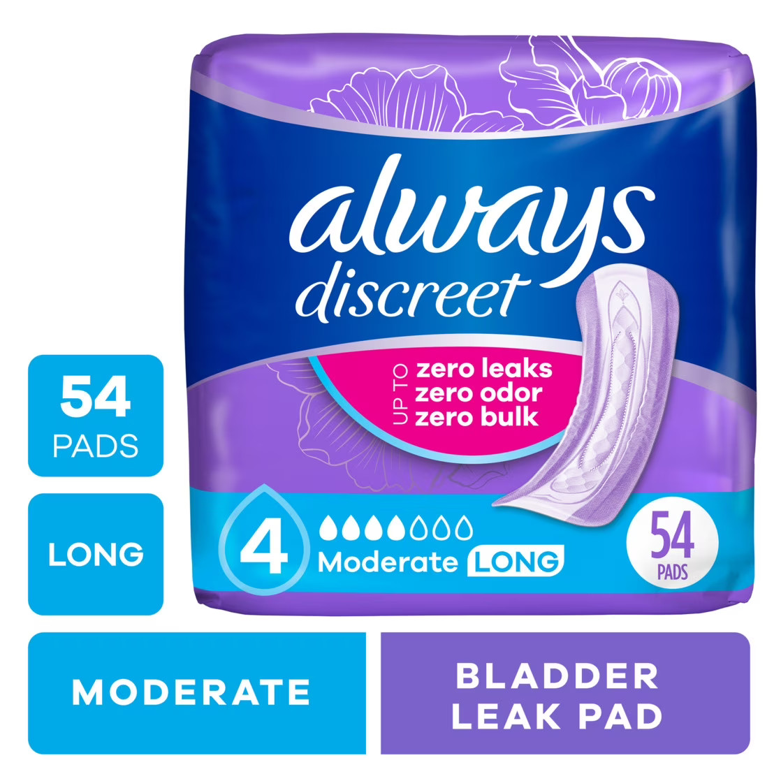 Always Discreet Adult Incontinence Pads for Women, Moderate Absorbency, 54 Count Always Discreet Adult Incontinence Pads for Women, Moderate Absorbency, 54 Count