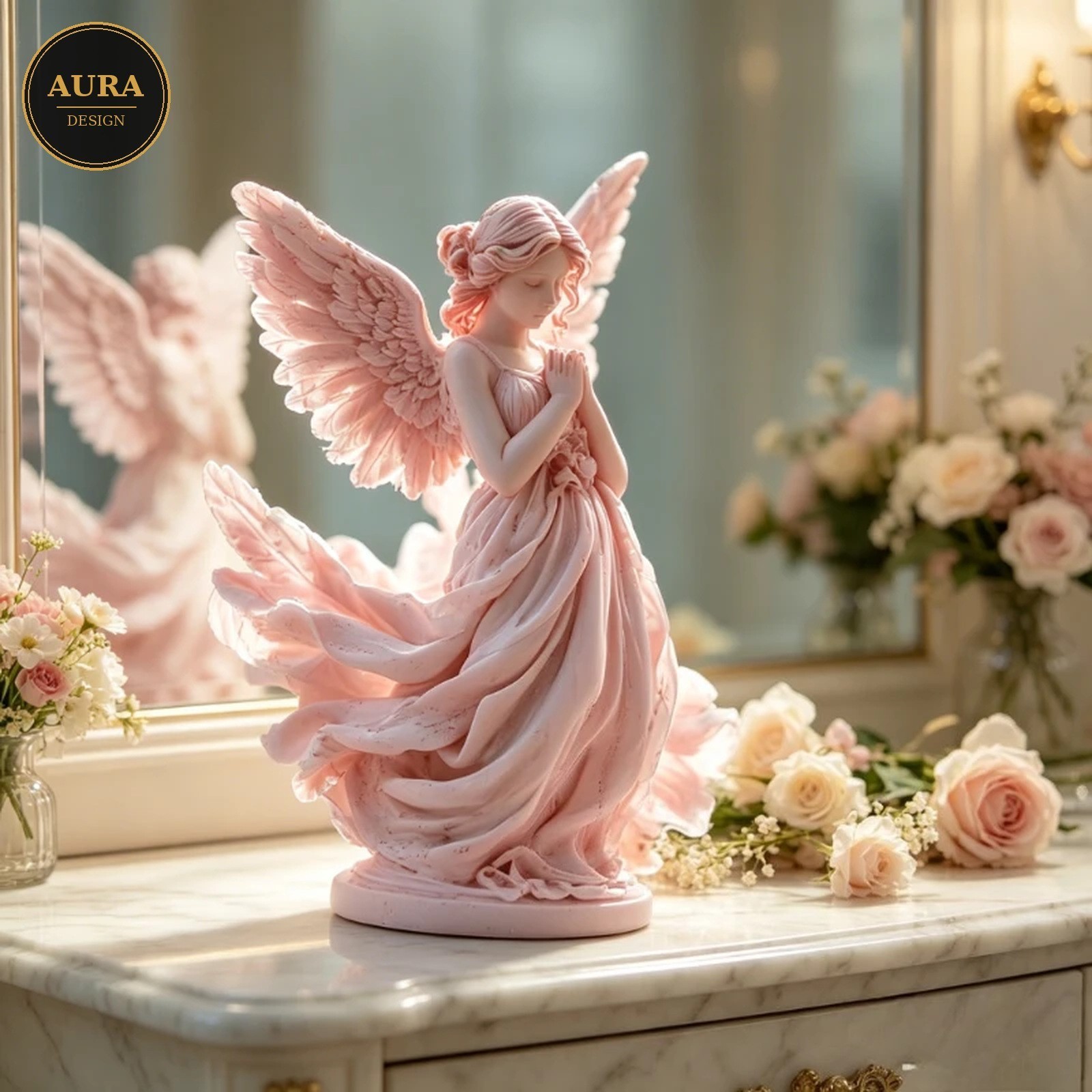 Pink Angel Statue with Wings 3D Sculpture Romantic Decoration
