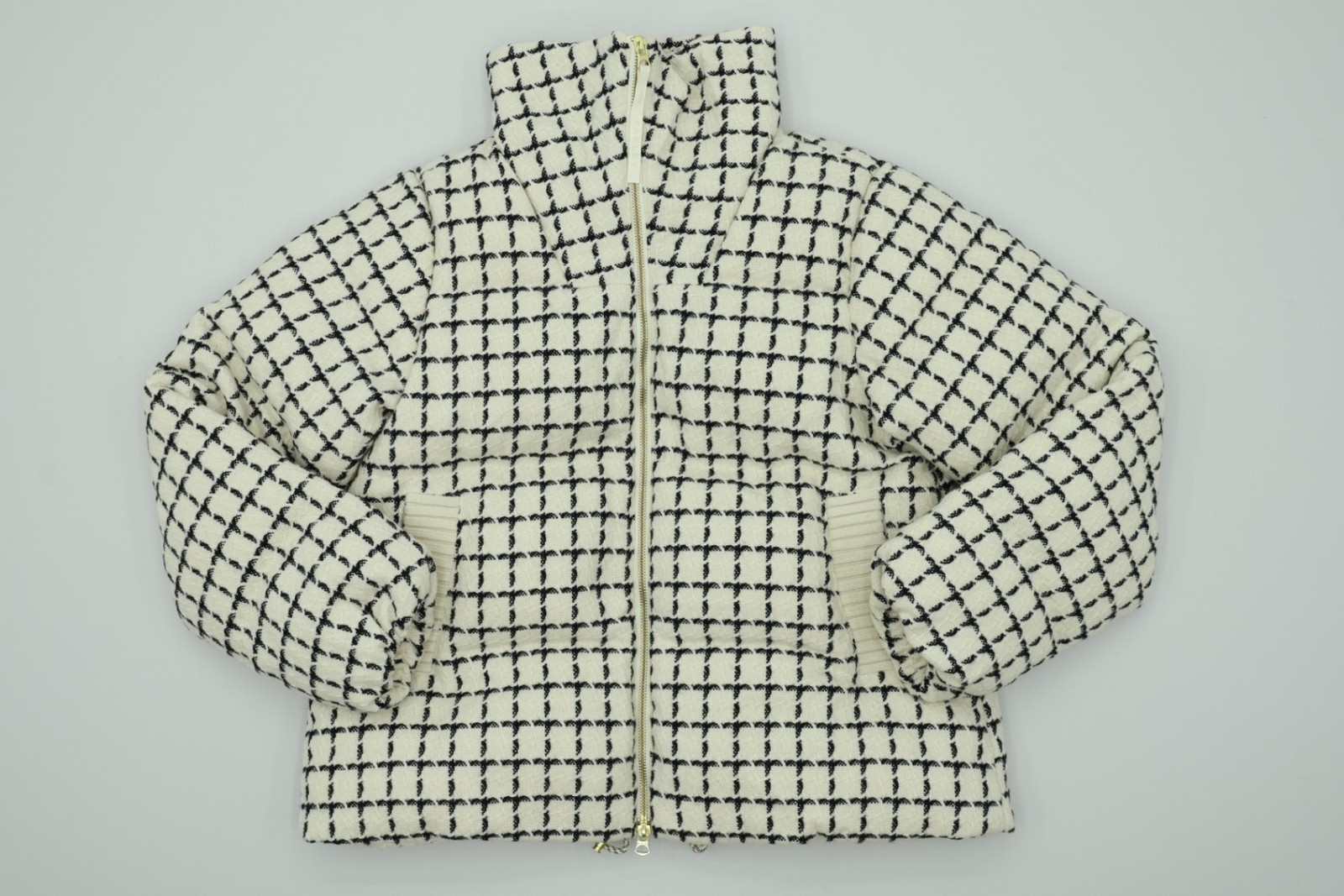 Varley Women\'s Eugene Puffer Jacket Size S Cream Check Wool Zip New