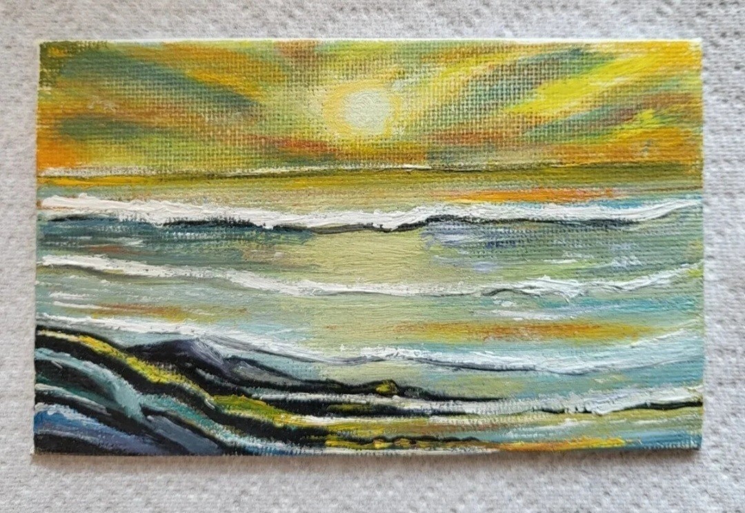 Original Oil mini Painting Seascape Canvas Home art Hand Painted Ocean Sunset