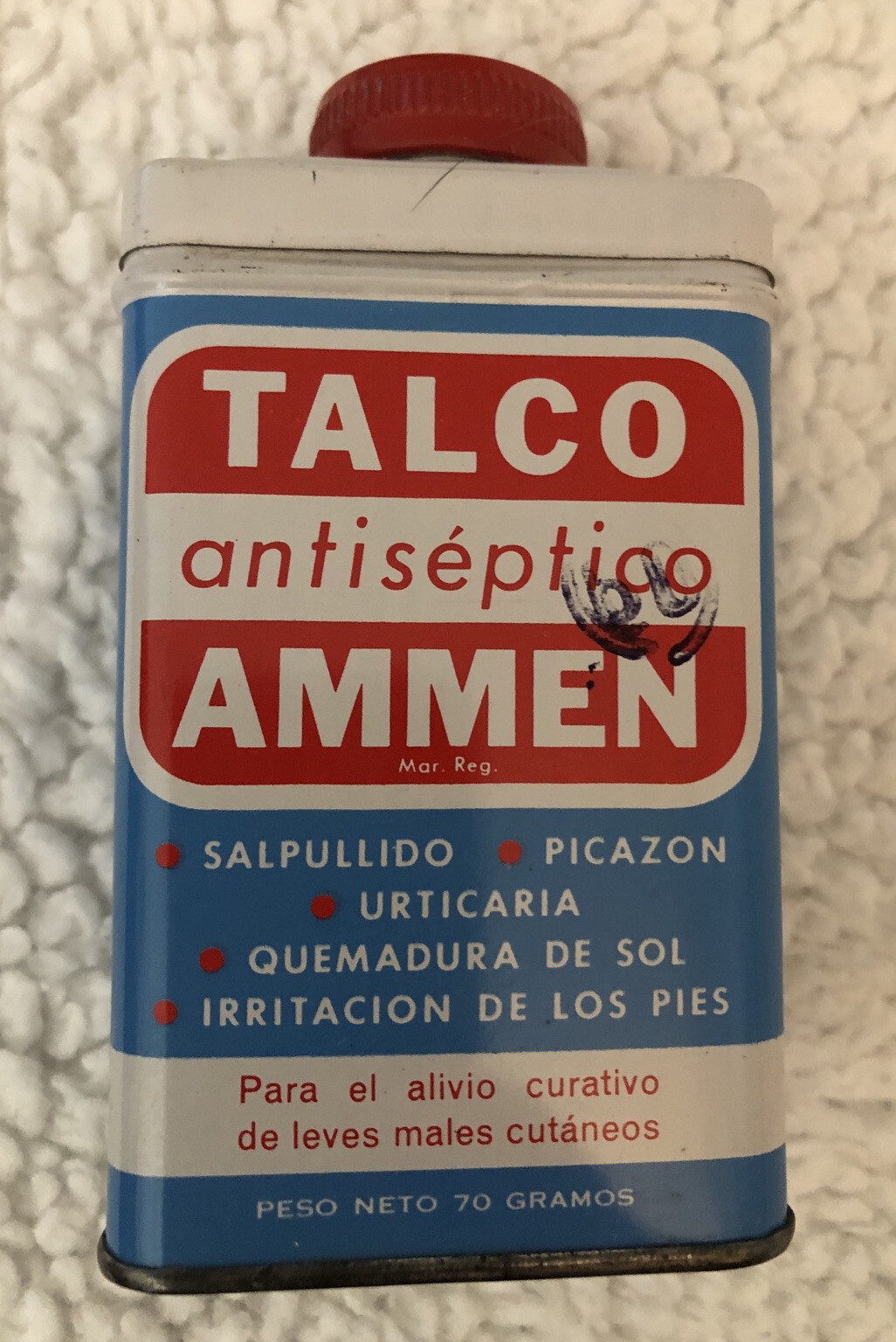 TALCO AMMEN Antiseptico Powder Deco Storage Tin Shaker empty Vtg Collectible TALCO AMMEN Antiseptico Powder Deco Storage Tin Shaker empty Vtg Collectible