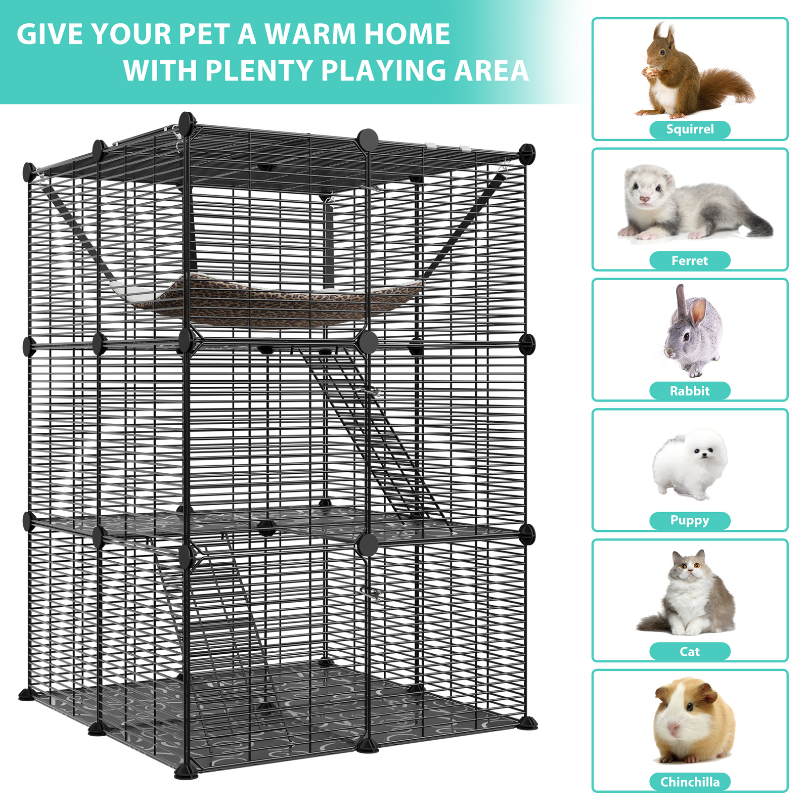 Cat Cage Indoor Catio DIY Cat Enclosures Metal Cat Playpen 3-Tiers Kennels Pet