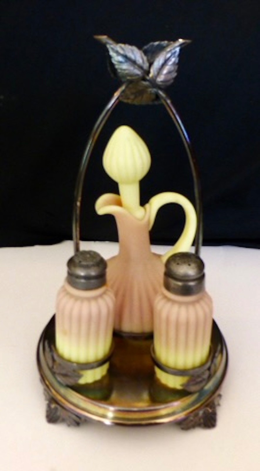 Mt Washington BURMESE CRUET SET..3 Pieces plus Silver Plate Holder With Mark